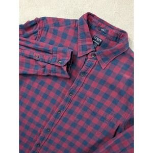 J.Crew Men Slim Fit Flannel Shirt Large Navy Burgundy Plaid Buffalo Check Cotton